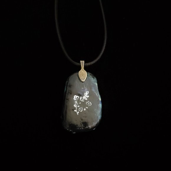 Hand Painted Dot Art Pendant. Ocean Blues Gold and White - Picture 3 of 8